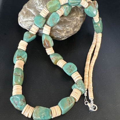 Santo Domingo Green Nugget Turquoise Necklace | Sterling Silver | 30" | Authentic Native American Handmade | 15291 - Masha USA