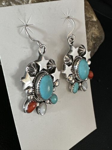 Navajo Coral Mother of Pearl Turquoise Sterling Silver Earrings | July Fourth | Handmade 15330
