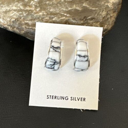 Navajo White Buffalo Turquoise Inlay Earrings | Sterling Silver | 0.5" | 16742