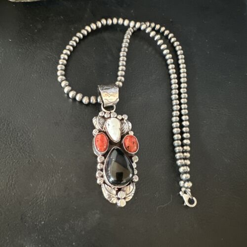 Navajo White Buffalo Coral Onyx Pearls Cluster Pendant | Sterling Silver | Native American Handmade | 15368