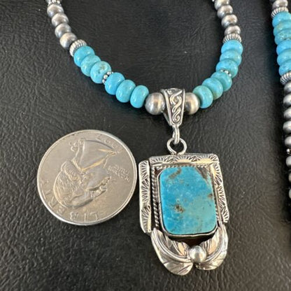 Navajo Blue Turquoise Pendant Necklace | Sterling Silver Pearls | Authentic Native American Handmade | 15420