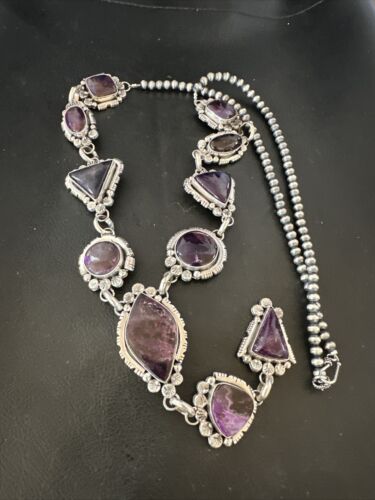 Navajo Sugilite Lariat Necklace | Sterling Silver Pendant | 30" | Authentic Native American Handmade | 16753