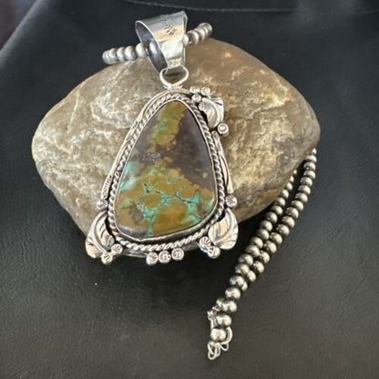 Men's Navajo Green Turquoise Pendant Necklace | Sterling Silver | Authentic Native American Handmade | 17531