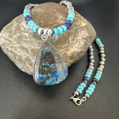 Blue Turquoise Jasper Pendant | Lapis Navajo Pearls | Sterling Silver Necklace 16927 - Masha USA