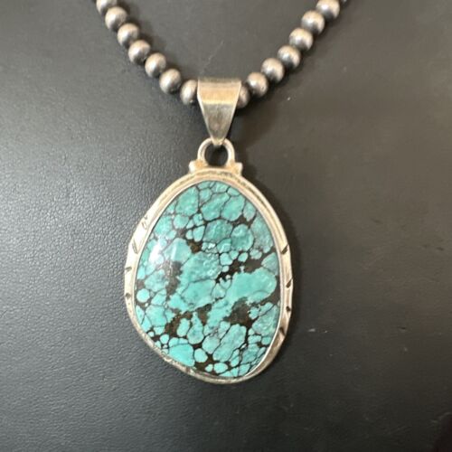 Men's Navajo Blue Spiderweb Turquoise Pendant Necklace | Sterling Silver | Authentic Native American Handmade | 16198