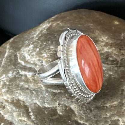 Women's Orange Spiny Oyster Navajo Ring | Sterling Silver | Sz 8 | Authentic Native American Handmade | 16034