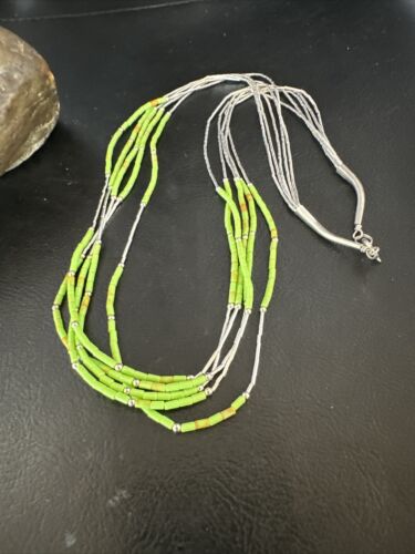 Navajo Green Gaspeite Heishi Bead Necklace | 5-Strand Stabilized Sterling Silver | 20" | 02941