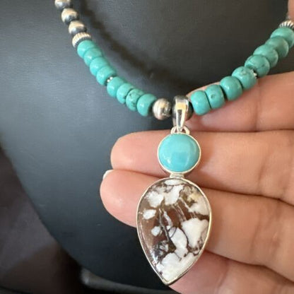 Navajo Wild Horse | Blue Kingman Turquoise Pendant Necklace | Sterling Silver | 17576
