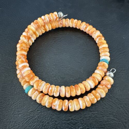Navajo Orange Spiny Oyster Blue Turquoise Bracelet | 6mm Memory Wire Steel | Authentic Native American Handmade | 17621