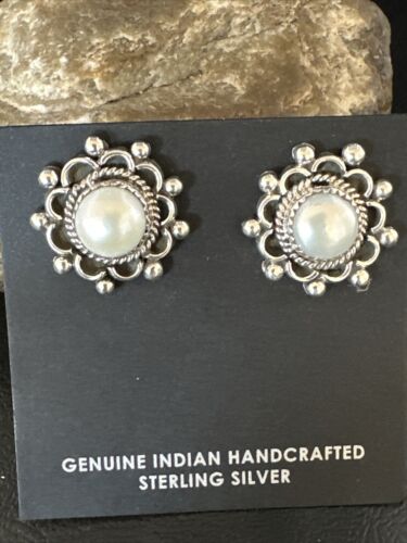 Navajo White Pearl Post Stud Earrings | Sterling Silver | Authentic Native American Handmade | 15329