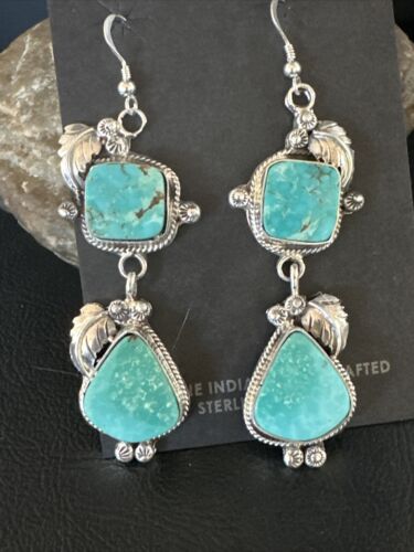 Navajo Blue Kingman Turquoise Dangle Earrings | Sterling Silver | Authentic Native American Handmade | 15185