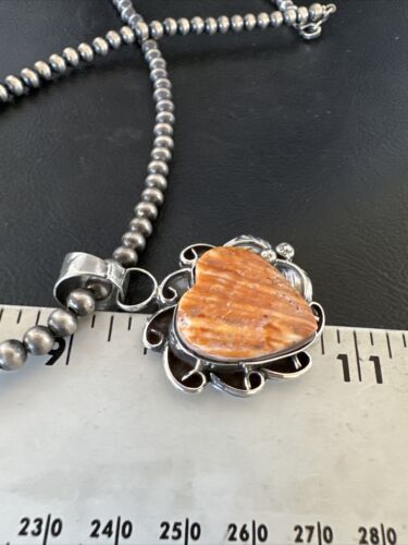 Navajo Orange Spiny Oyster Heart Pendant Necklace | Sterling Silver | Authentic Native American Handmade | 16420