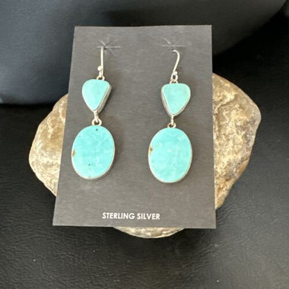 Navajo Blue Kingman Turquoise Dangle Earrings | Sterling Silver | Authentic Native American Handmade | 15107