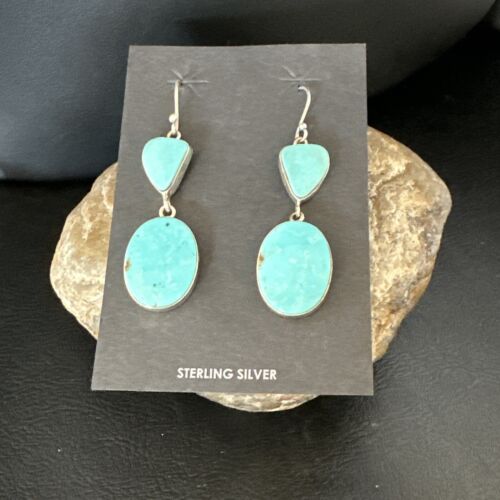 Navajo Blue Kingman Turquoise Dangle Earrings | Sterling Silver | Authentic Native American Handmade | 15107