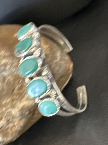 Women's Blue Turquoise 5-Stone Cuff Bracelet | Navajo Sterling Silver | Authentic Native American Jewelry | 16279