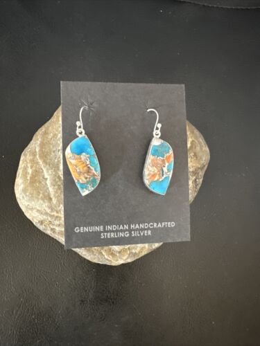 Navajo Blue Turquoise & Orange Spiny Oyster Inlay Dangle Earrings | Sterling Silver | 15585