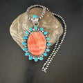 Navajo Kingman Turquoise & Red Spiny Oyster Pendant Necklace | Sterling Silver | 16014