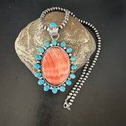 Navajo Kingman Turquoise & Red Spiny Oyster Pendant Necklace | Sterling Silver | 16014