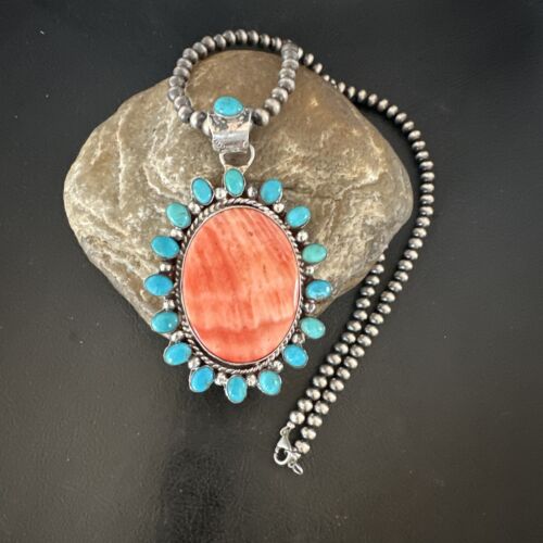 Navajo Kingman Turquoise & Red Spiny Oyster Pendant Necklace | Sterling Silver | 16014