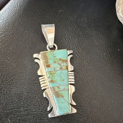 Navajo Blue #8 Turquoise Inlay Pendant | Sterling Silver | 2" | Authentic Native American Handmade | 15684
