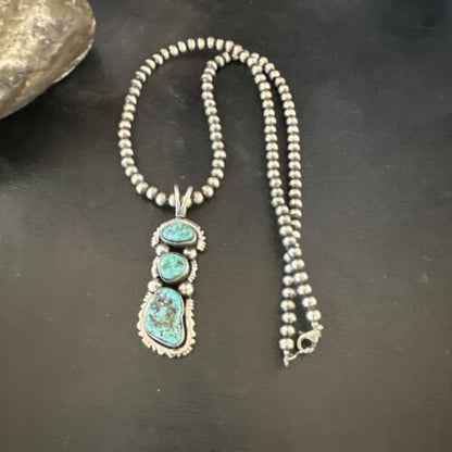 Navajo Blue Kingman Turquoise 3 Stone Cluster Pendant | Sterling Silver | Authentic Native American Handmade | 17632