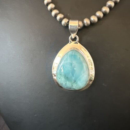 Navajo Blue Larimar Pendant Necklace | Sterling Silver Beads | Authentic Native American Handmade | 17563