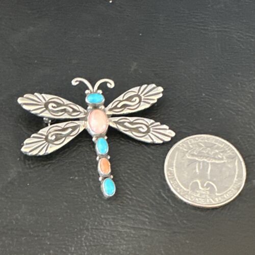 Navajo Dragonfly Pin Pendant | Blue Turquoise & Coral | Sterling Silver | Authentic Native American Handmade | 15236