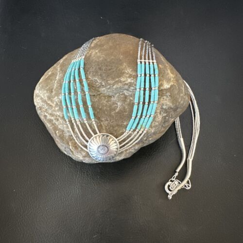 Navajo Blue Turquoise Heishi Concha Necklace | 5 Strand Liquid Sterling Silver | 20" | 15876