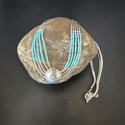 Navajo Blue Turquoise Heishi Concha Necklace | 5 Strand Liquid Sterling Silver | 20" | 15876