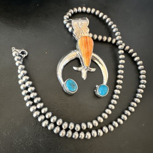 Navajo Blue Turquoise Orange Spiny Oyster Naja Pendant | Sterling Silver | Authentic Native American Handmade | 16411