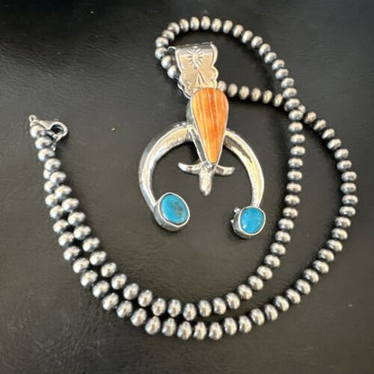 Navajo Blue Turquoise Orange Spiny Oyster Naja Pendant | Sterling Silver | Authentic Native American Handmade | 16411