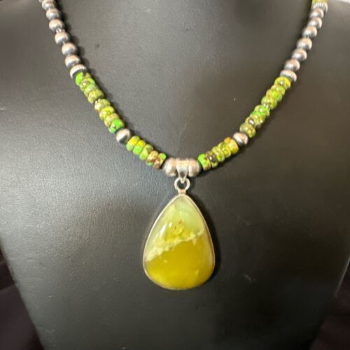 Navajo Green Turquoise Pendant Necklace | Sterling Silver | Authentic Native American Handmade | 16916