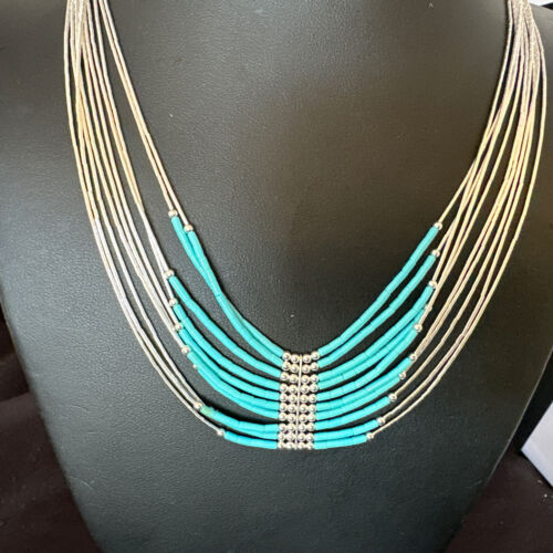 Navajo Blue Turquoise 10-Strand Heishi Necklace | Sterling Liquid Silver Tubes | 22" | 16448