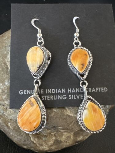 Navajo Orange Spiny Oyster Dangle Earrings | Sterling Silver | 1.5" | Authentic Native American Handmade | 16575