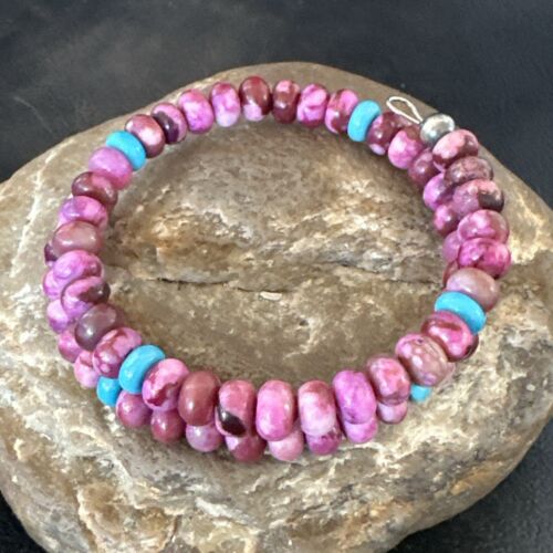 Navajo Purple Sugilite Turquoise Bead Bracelet | 6mm | Stainless Steel Memory Wire | Authentic Native American Handmade | 17613