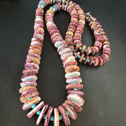 Authentic Native American Navajo Necklace | Purple Spiny Oyster & Turquoise | Sterling Silver | 34" | 15091