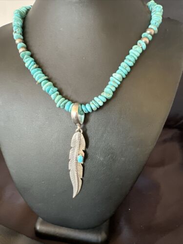 Navajo Blue Turquoise Leaf Pendant | Sterling Silver Pearls Necklace | 21" | Authentic Native American Handmade | 17540