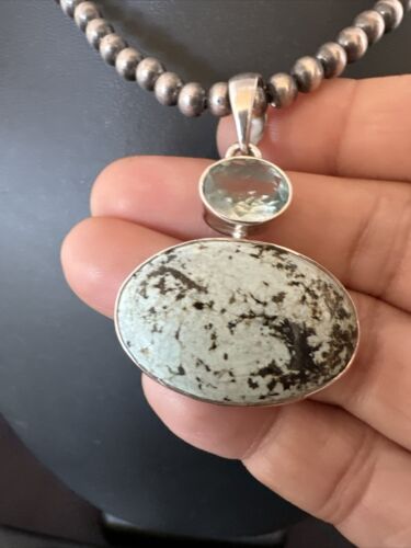 Navajo Dry Creek Turquoise Topaz Pendant Necklace | Sterling Silver | Authentic Native American Handmade | 16436