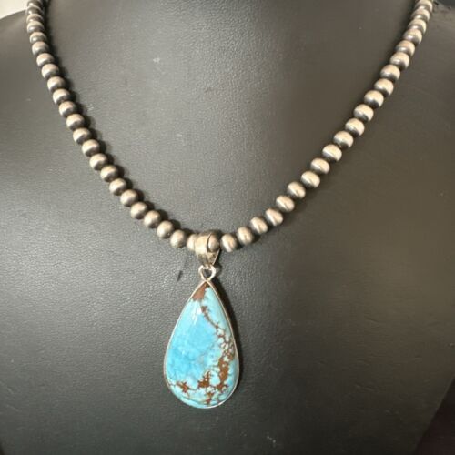Navajo Blue Spiderweb Turquoise Pendant Necklace | Sterling Silver | Authentic Native American Handmade | 17029