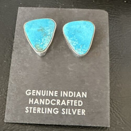 Navajo Blue Kingman Turquoise Post Stud Earrings | Sterling Silver | Authentic Native American Handmade | 17412