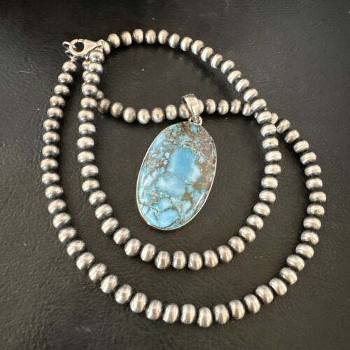 Navajo Blue Spiderweb Turquoise Pendant Necklace | Sterling Silver | Authentic Native American Handmade | 17016