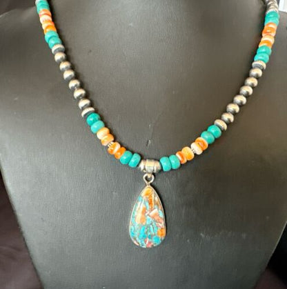 Navajo Spiny Turquoise Pendant Necklace | Sterling Silver | 21" | Authentic Native American Handmade | 17519