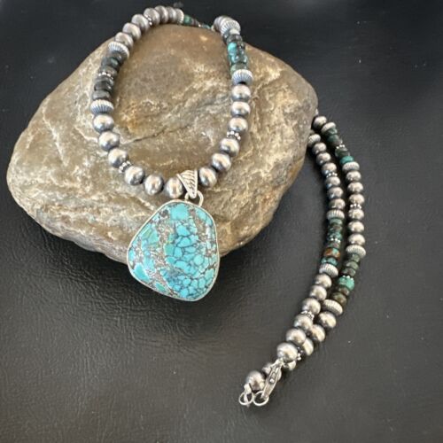 Men Women Navajo Sterling Silver Blue Spiderweb Turquoise Necklace Pendant 16241