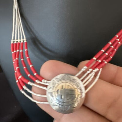 Navajo Concha Red Coral Heishi Necklace | 5 Strand Liquid Sterling Silver | 20" | 15878