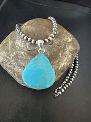 Navajo Blue Kingman Turquoise Pendant Necklace | Sterling Silver | 20" | Authentic Native American Handmade | 17001