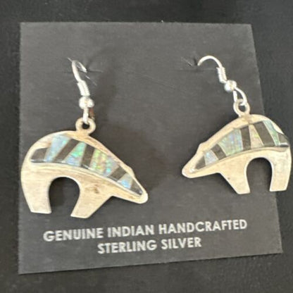 Navajo Onyx White Opal Inlay Dangle Earrings | Sterling Silver | Authentic Native American Handmade | 15352