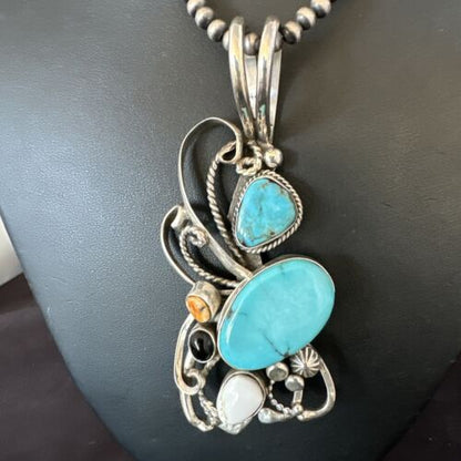 Navajo White Buffalo Kingman Turquoise Sterling Silver Pendant Necklace | 21" | Handmade 15949