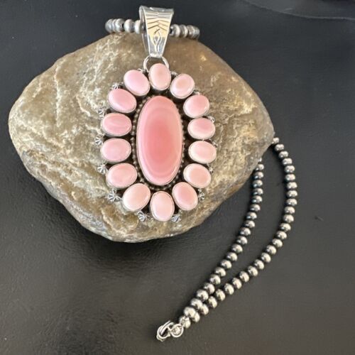 Navajo Pearls Pink Conch Necklace with Multi-Stone Cluster Pendant | Authentic Native American Handmade | 16061