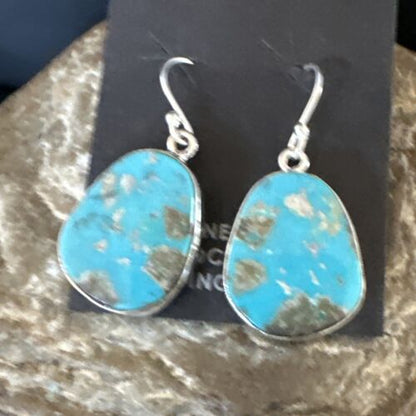 Navajo Blue Turquoise Dangle Earrings | Sterling Silver | Authentic Native American Handmade | 15433