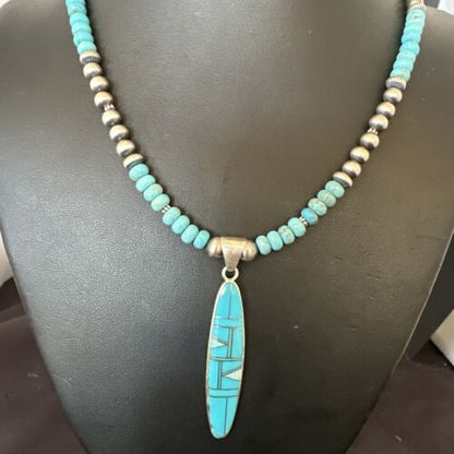 Navajo Blue Kingman Turquoise Opal Inlay Pendant | Sterling Silver Necklace | Authentic Native American Handmade | 16645 - Masha USA